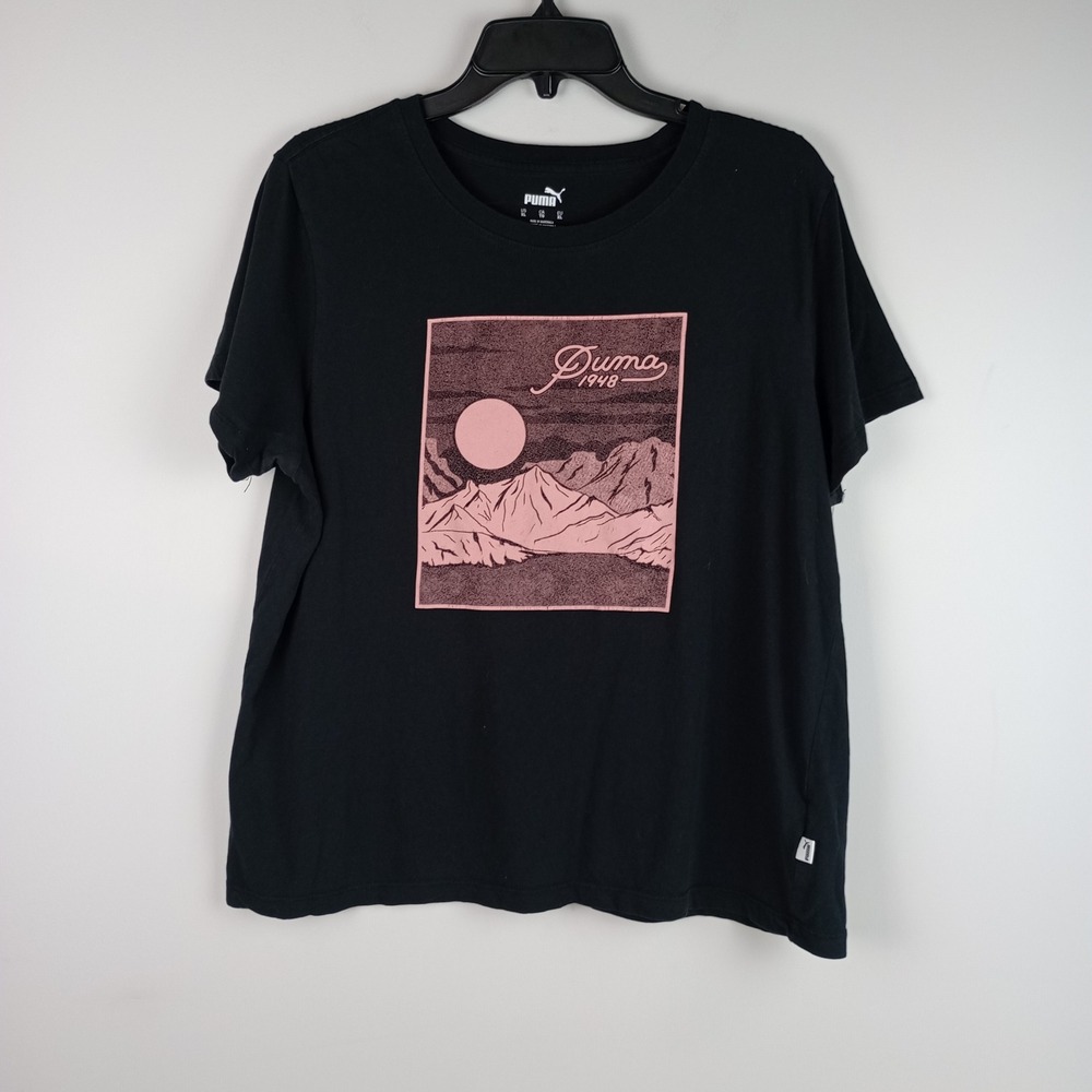 Puma Womens XL Black Pink Graphic Mountain Sunset Cotton‎ Short Sleeve T Shirt